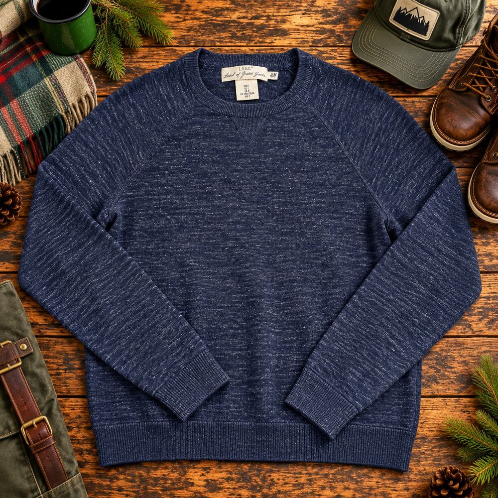 H&M LOGG Sweater Mens L Navy Blue Heather 100% Cotton Raglan Crewneck Heritage